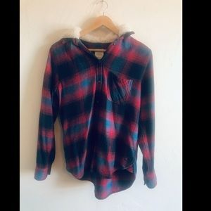 American Eagle Red Plaid Vintage Boyfriend Hooded Flannel